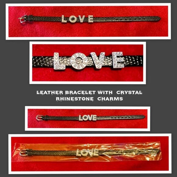 Leather Bracelet with Crystal Rhinestone Charms - Picture 1 of 2